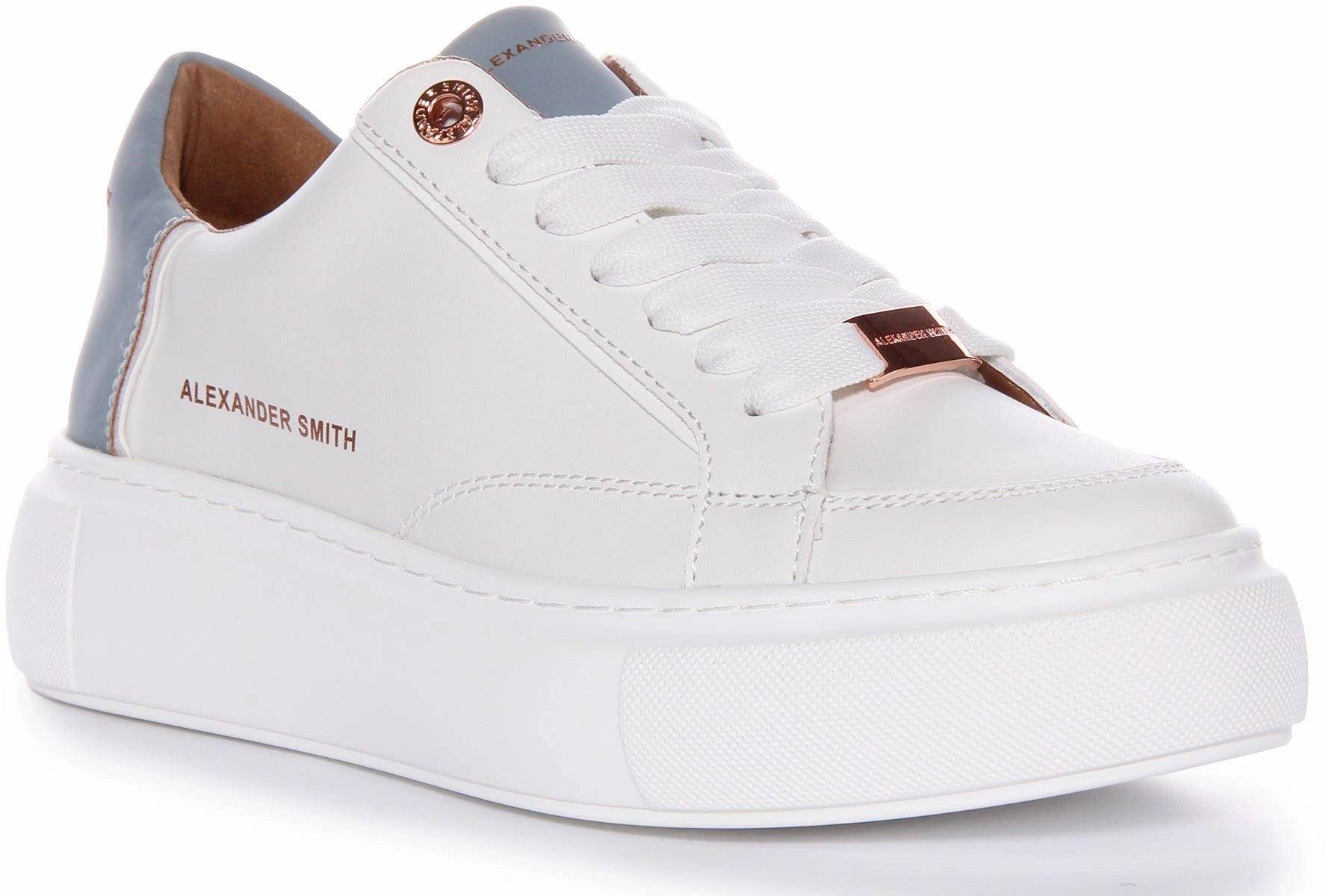 Heel counter minimizes wobble during lift-offs Alexander Smith Platform Trainers In White Blue For Women