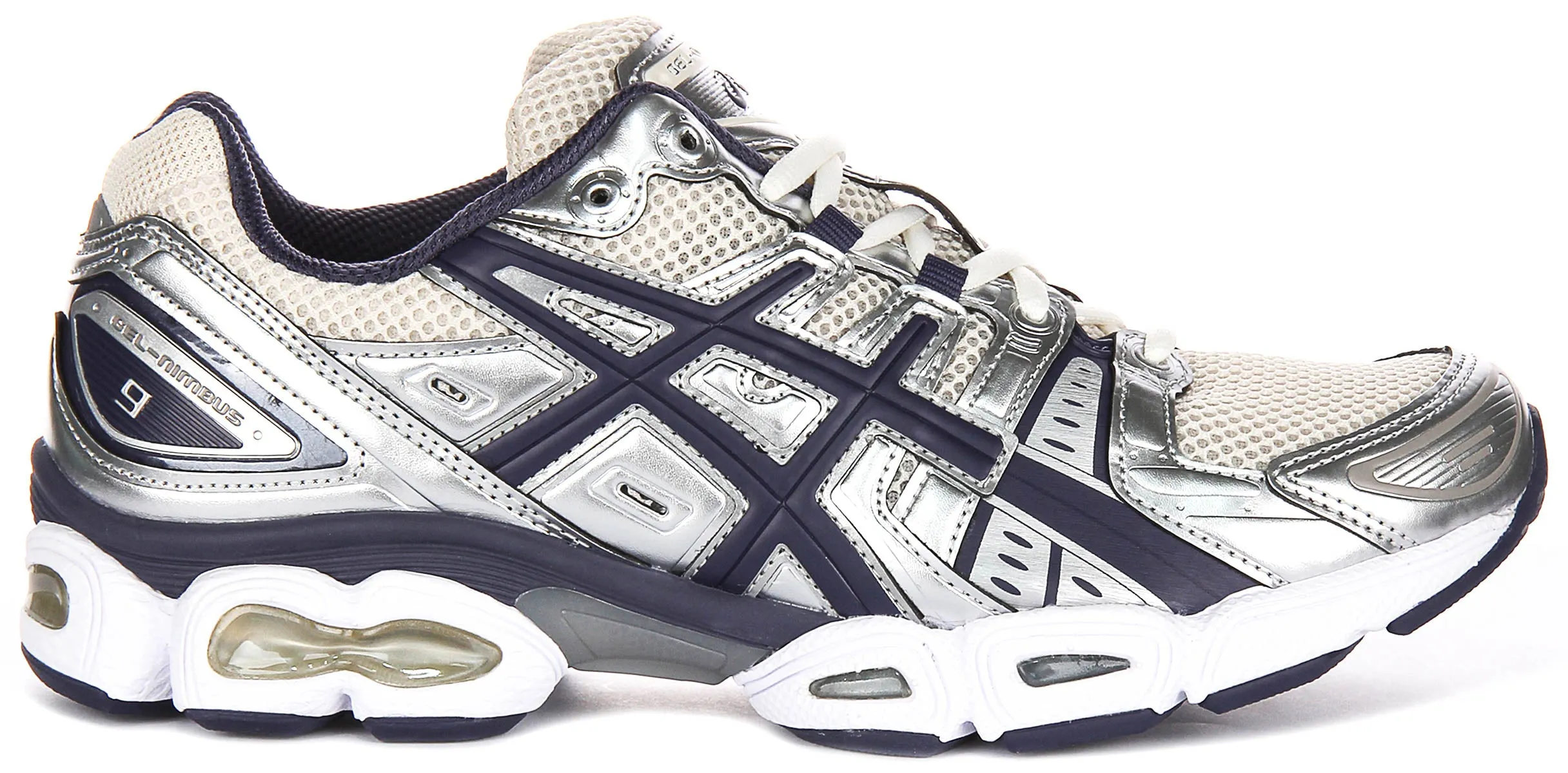 Asics GEL Nimbus 9 In Silver Navy for Men Terrain Ready