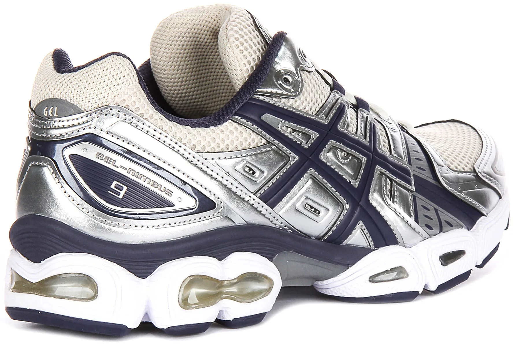 Asics GEL Nimbus 9 In Silver Navy for Men Terrain Ready