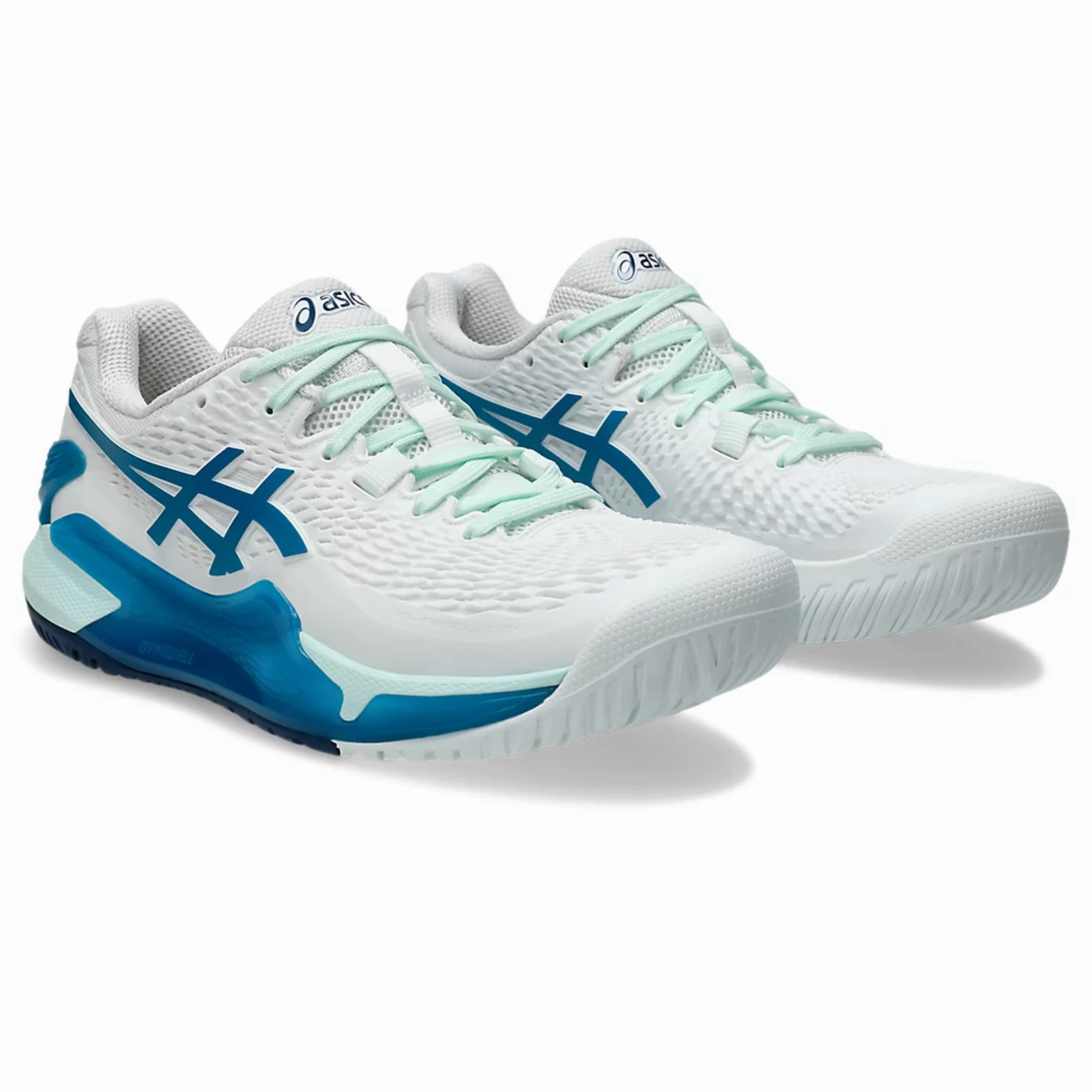 Asics Gel-Resolution 9 Women Tennis Shoes - White/Teal Blue Grip Guard