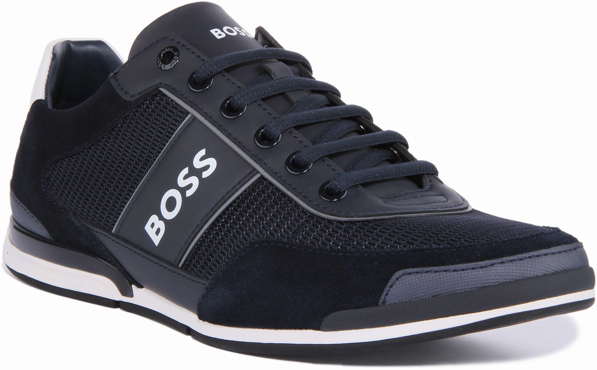 Forefoot plate enhances push-off in sprint actions Stretch fit Boss Saturn Low profile In Dark Blue For Men