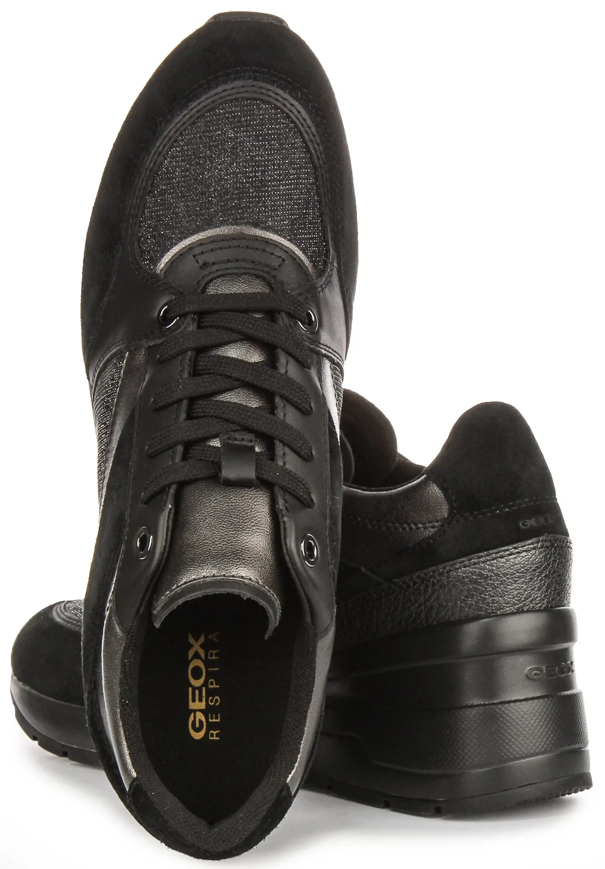 Breathable Geox D Zosma A In Black Shiny Platform Sneakers For Women