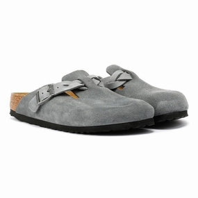 Birkenstock Boston Braided Suede Women's Basalt Grey Narow Fit Clogs Premium Comfort Slides