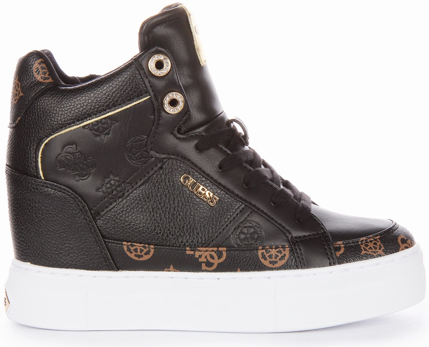 Cushioned Footbed Guess Fridan 4G Wedge Trainer In Black Brown For Women