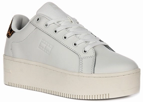 Tommy Jeans Flatform Sneaker In White Brown Leopard For Women Slip-On Comfort Dog Jog