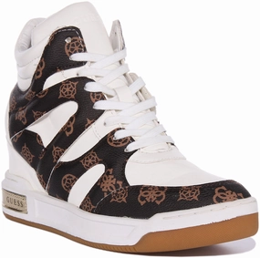 Guess Lisa Wedge Sneaker In White Brown For Women Hold Step Faux Leather