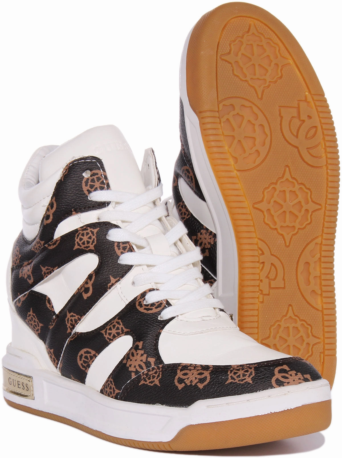Durable Sole Guess Lisa Wedge Sneaker In White Brown For Women