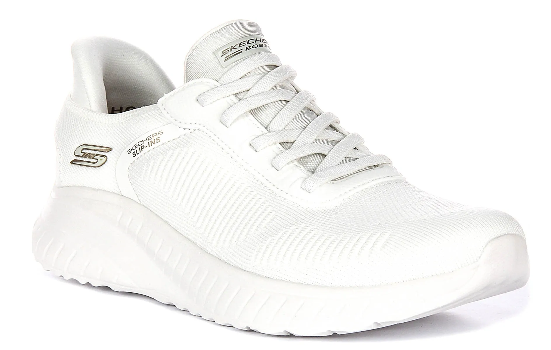 Skechers Bobs Sport Squad In Off White For Women Outsole design minimizes slip risk on smooth floors Foam blend offers plush feel without bulkiness