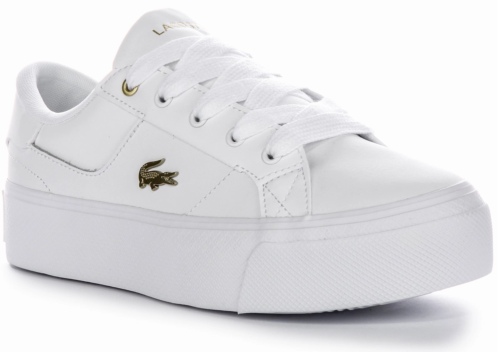 Lacoste Ziane Platform In White Gold For Women Engineered to keep you grounded during lateral movements Outsole cradle secures the foot during direction changes