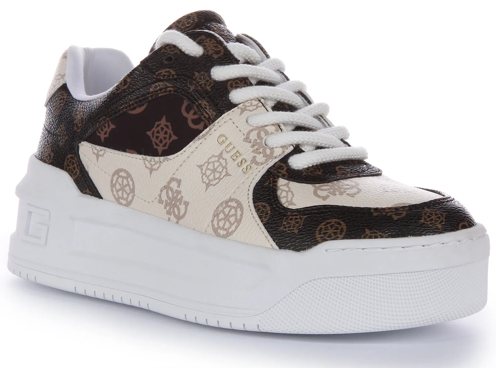 No-Slip Grip Every stride feels natural thanks to the ergonomic sole Guess Lemmer Peony Trainers In Beige Brown For Women