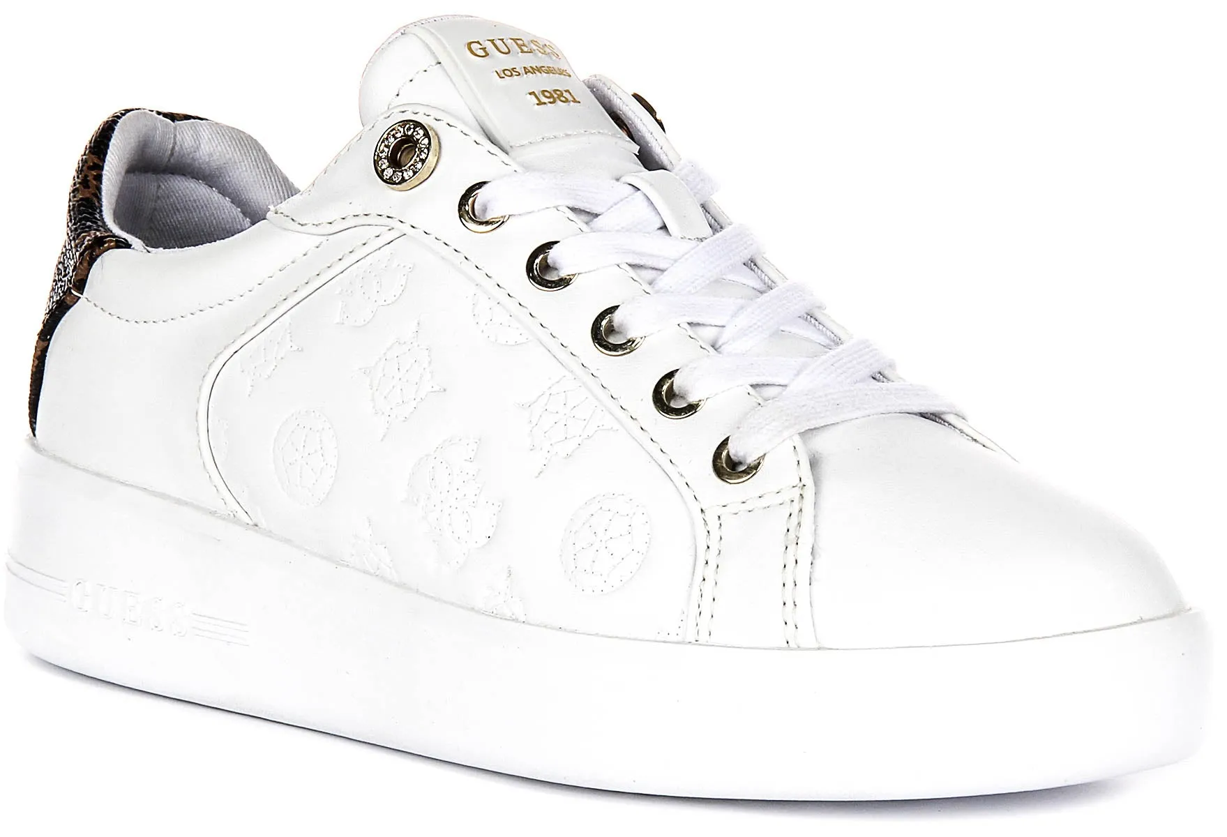 Padded Base Designed to handle long workouts with ease and stability Guess Ronii 4G Peony Logo In White Brown for Women Sneakers