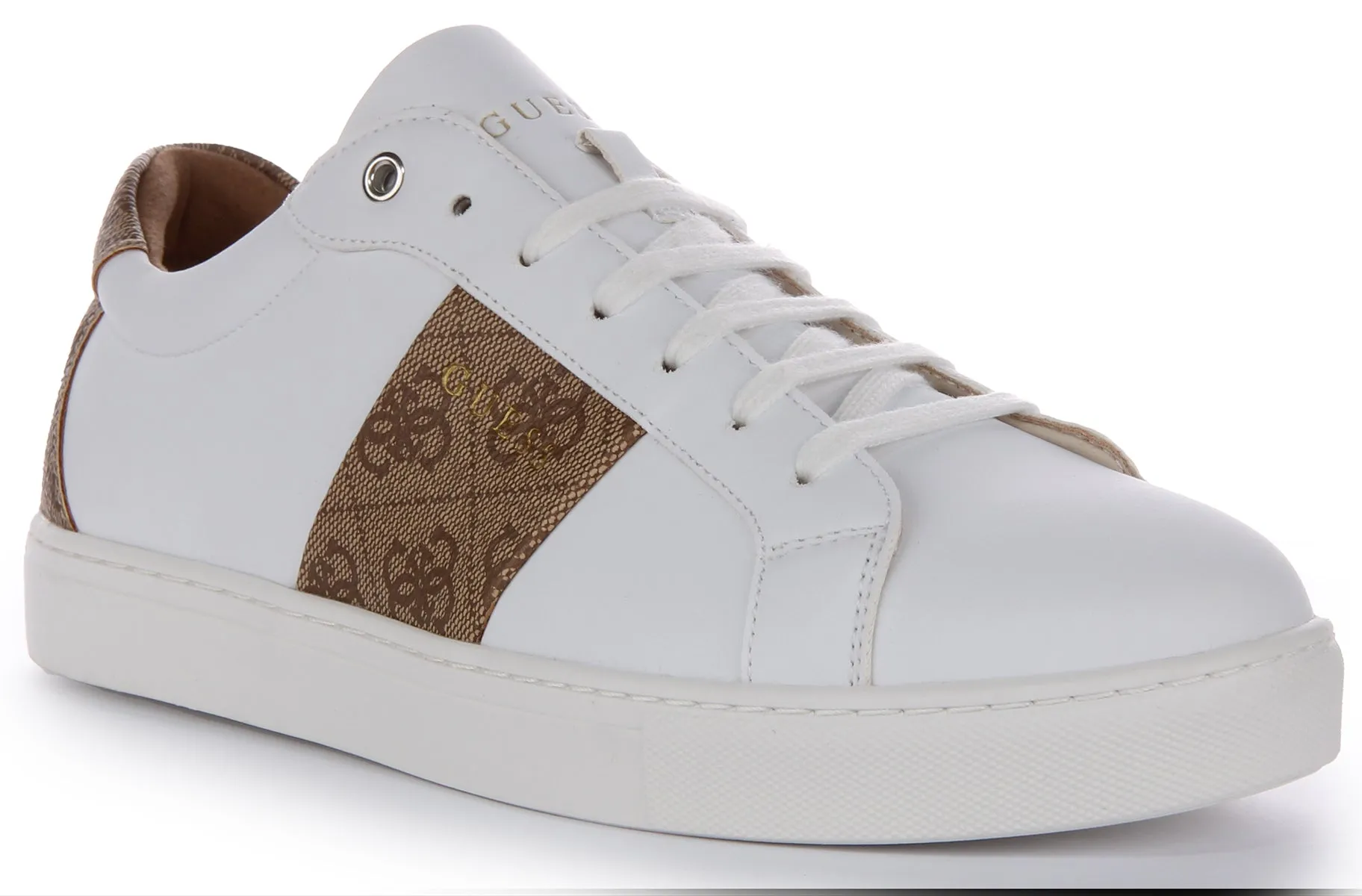 Upper knit zones enhance stretch and support Guess Toda Semi 4G Trainer In White Brown For Women