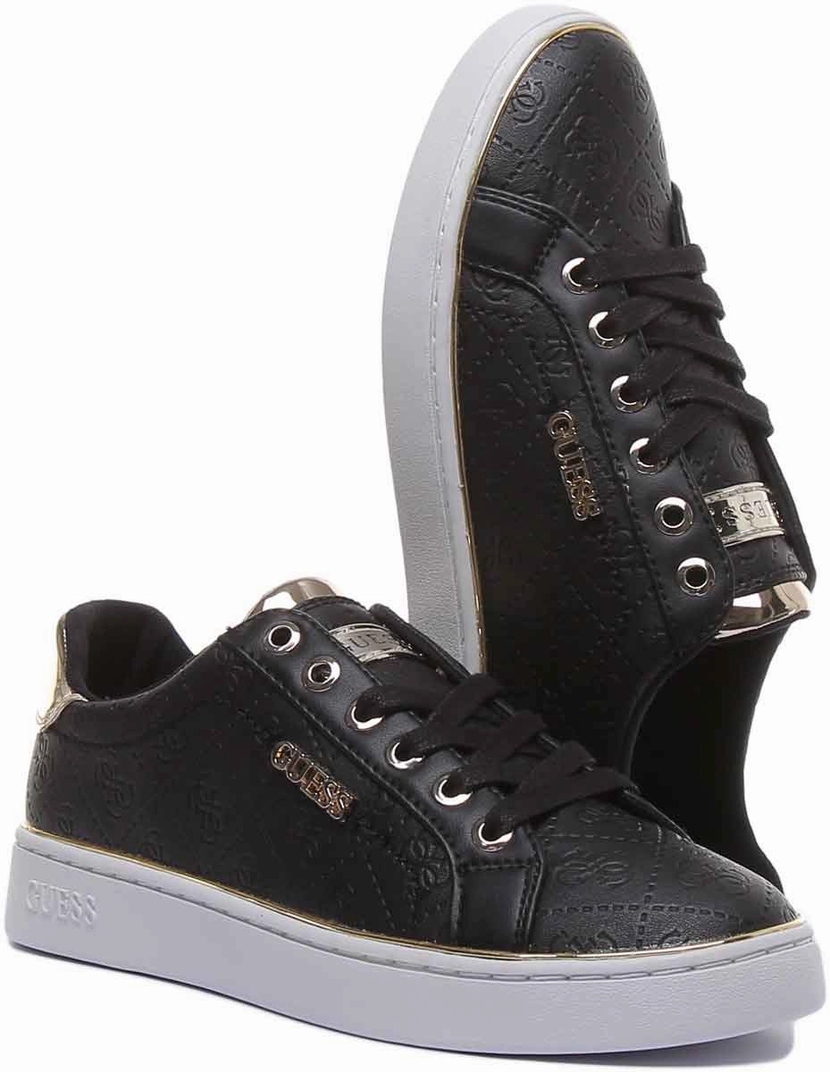 Guess Beckie Women's Lace Up Casual Sneakers In Black Gold Ergonomic Fit