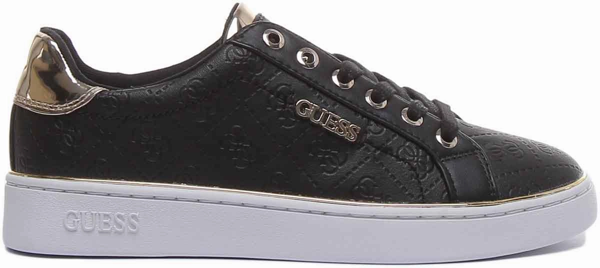 Guess Beckie Women's Lace Up Casual Sneakers In Black Gold Ergonomic Fit