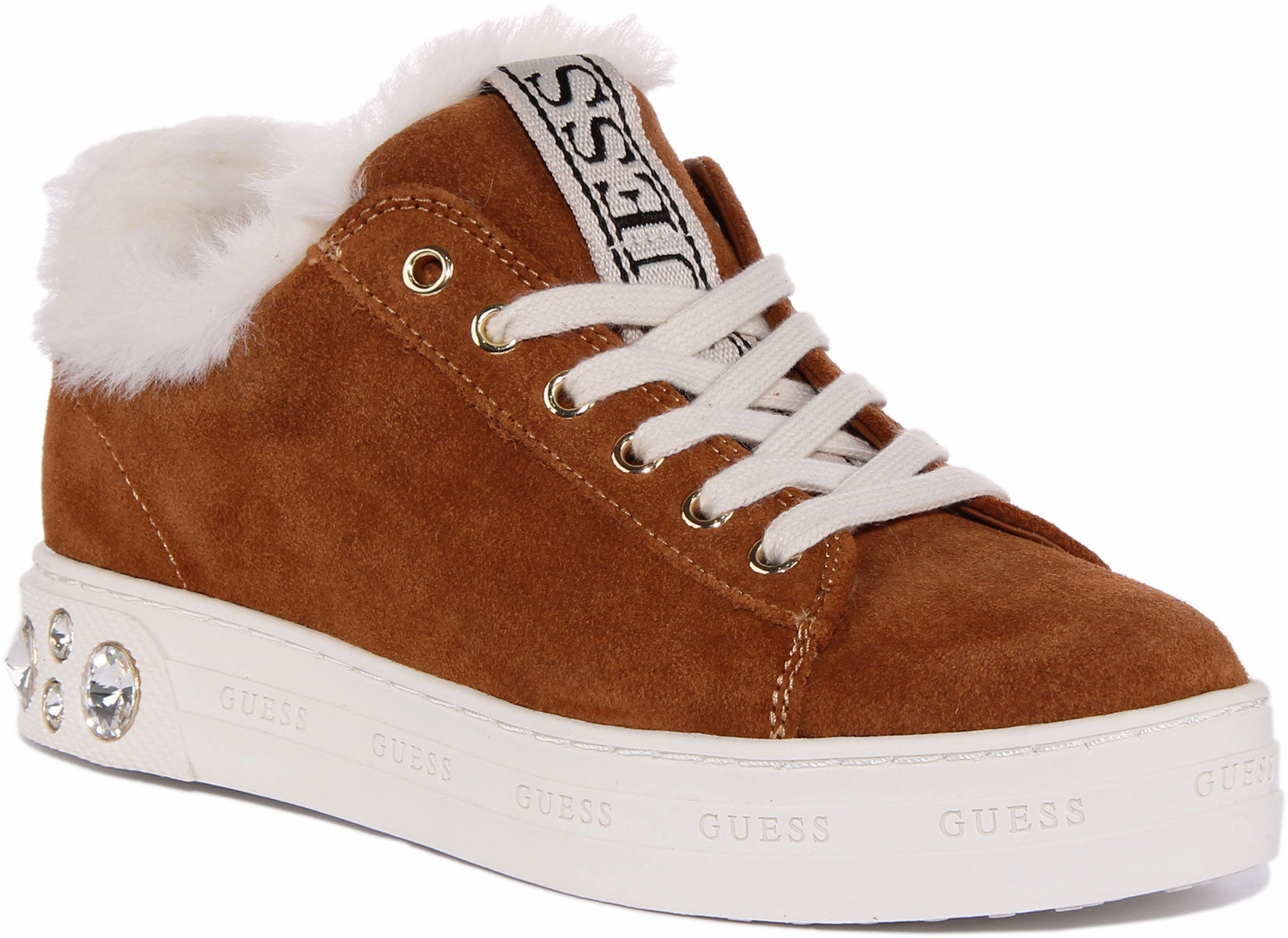 Shock-absorbing heel zones ease repetitive landings Guess Rivet Fur Cuff In Tan