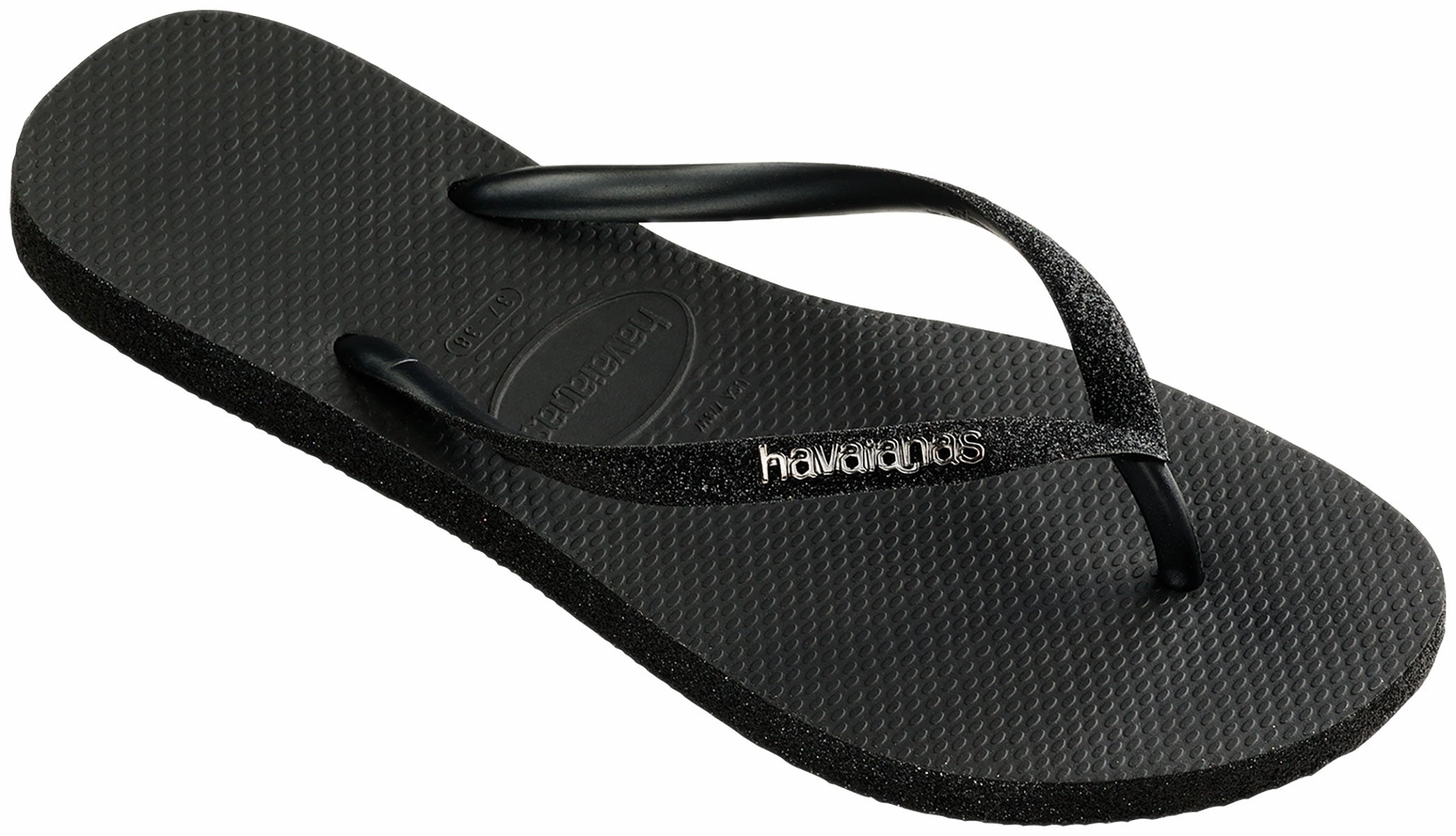 Havaianas Slim Glitter Metalic Logo In Black For Women Wide Toe Design