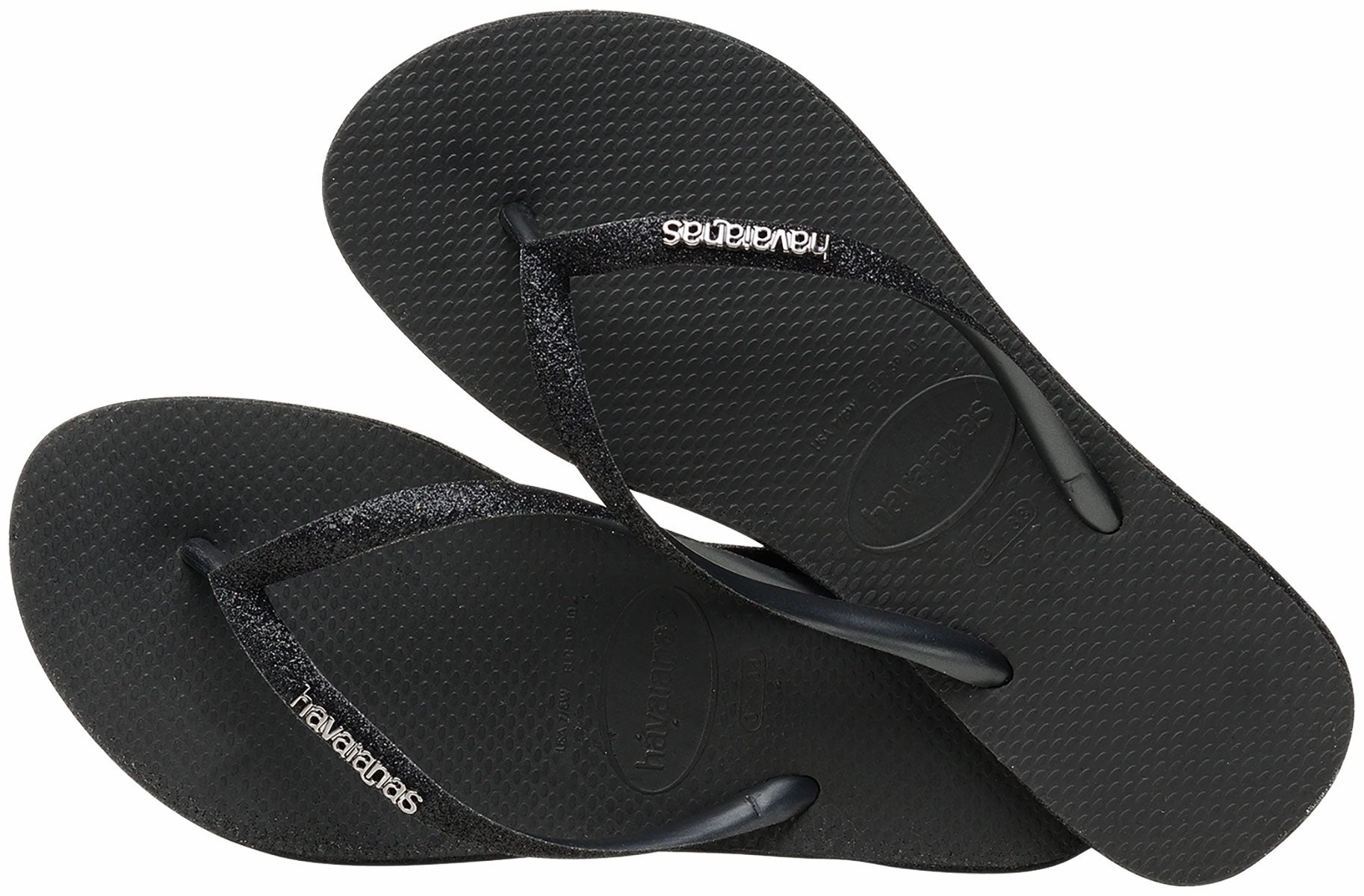 Havaianas Slim Glitter Metalic Logo In Black For Women Wide Toe Design