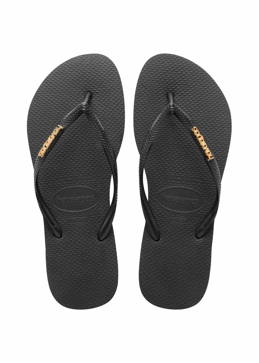 Havaianas Slim Logo Metalic In Black Gold Foot Care Fit Slip-Free