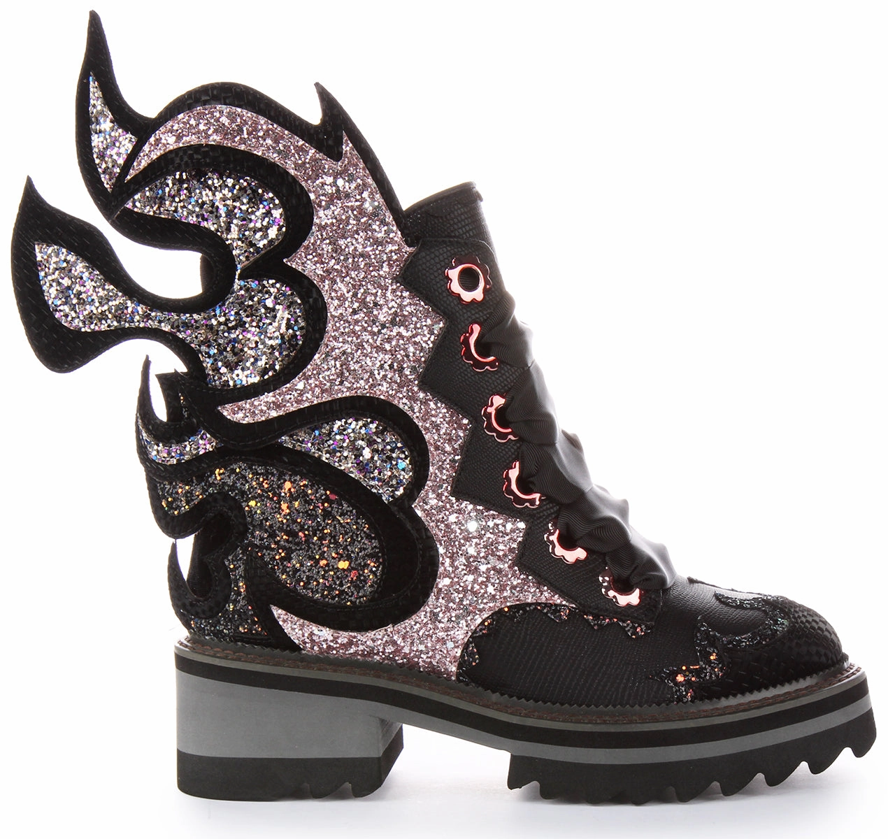 Irregular Choice Fyre Bug In Black Pink Glitter For Women Adventure Gear