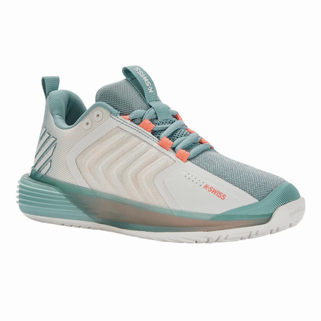 K Swiss Ultrashot 3 Women Tennis Shoes  - Blanc de Blanc/Nile Blue/Desert Flower Tapered design