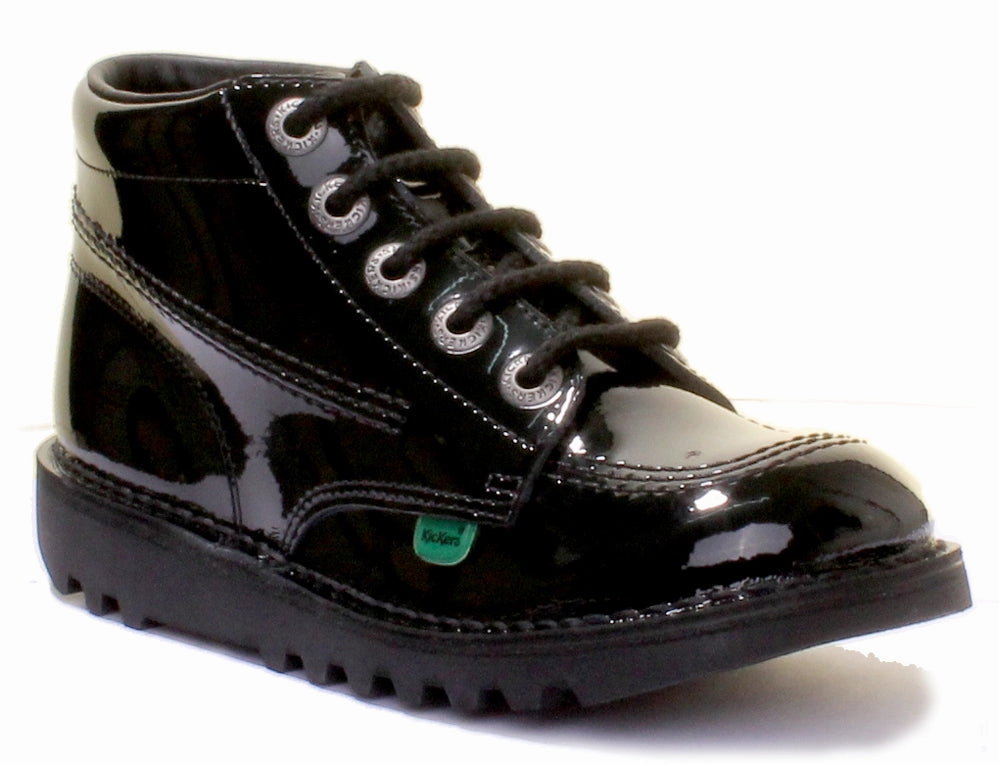 Kickers Kick Hi Youth In Black Patent in Teen UK Size 3 - 6 Travel Comfort Exploration Gear