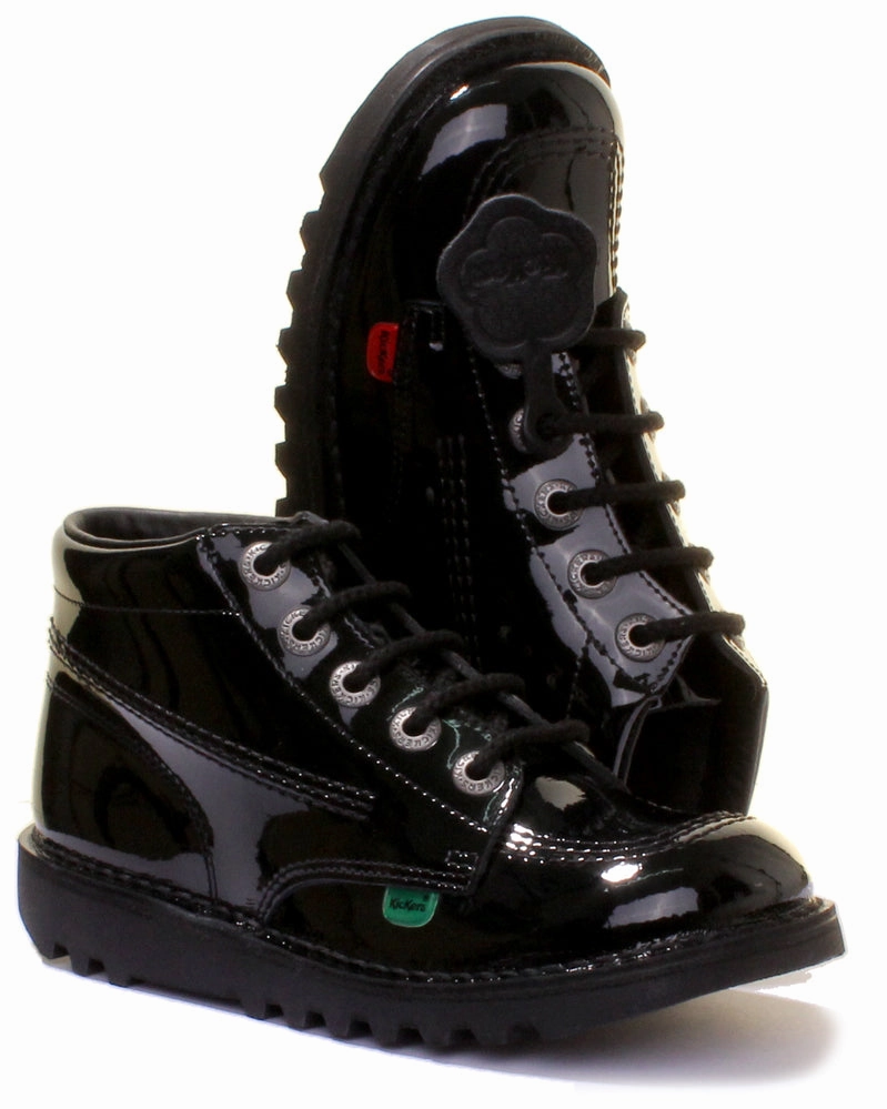 Kickers Kick Hi Youth In Black Patent in Teen UK Size 3 - 6 Seamless Upper