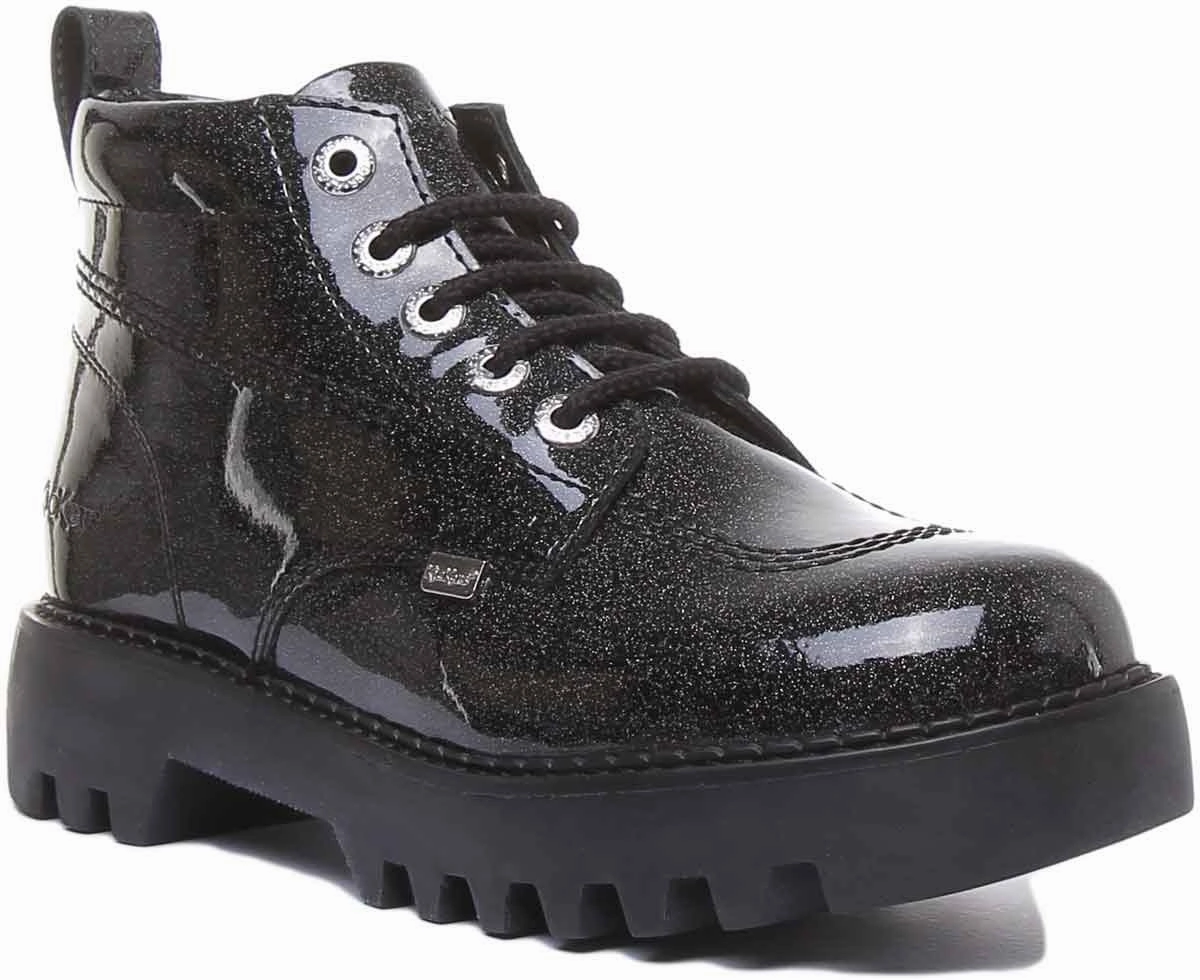Kickers Kizziie Hi Platform In Black Glitter Patent in UK Size 3 - 8 Outdoor Sports Weather Tough Boots