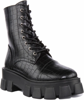 Backpacking Fit Womens Lace up Oxford Toe Croc Effect Ankle Boot