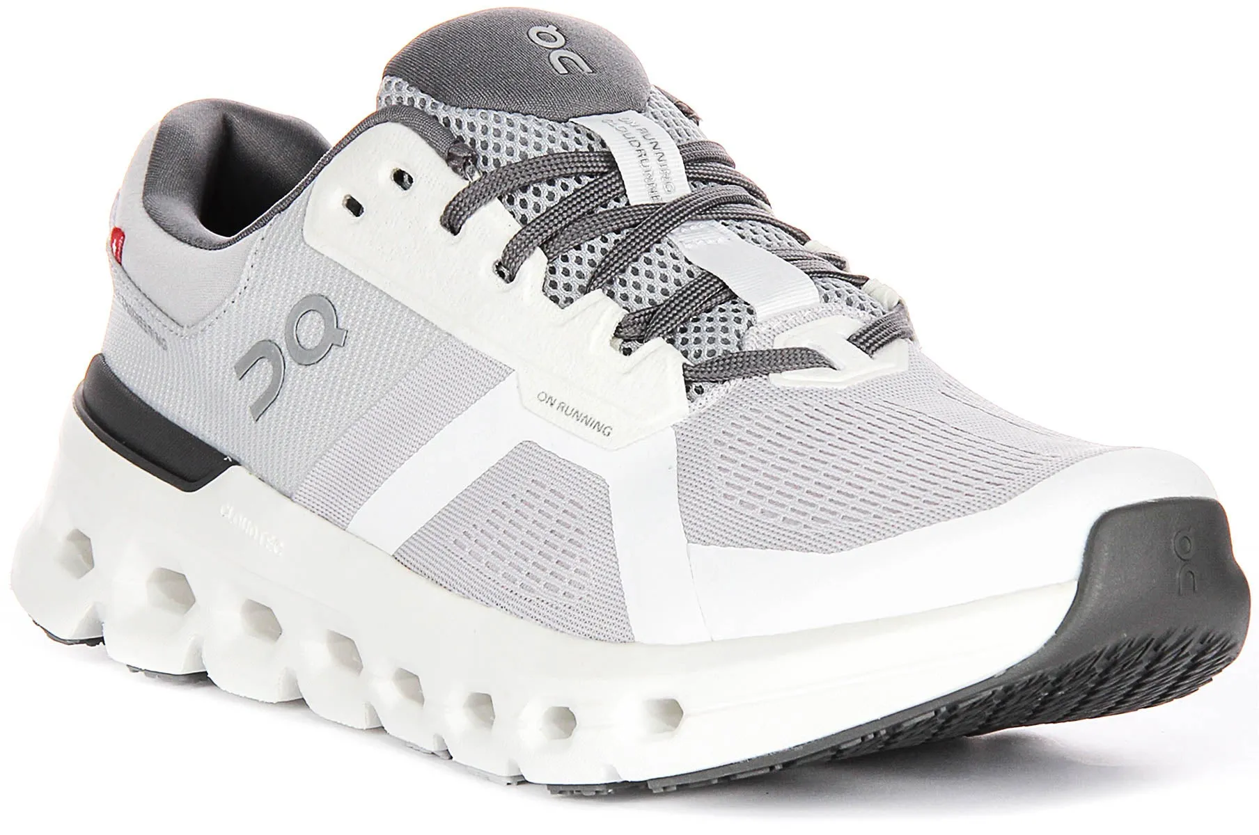 On Running Cloundrunner 2 In Light Grey For Women Lightweight Build Sock-like fit reduces rubbing during direction shifts