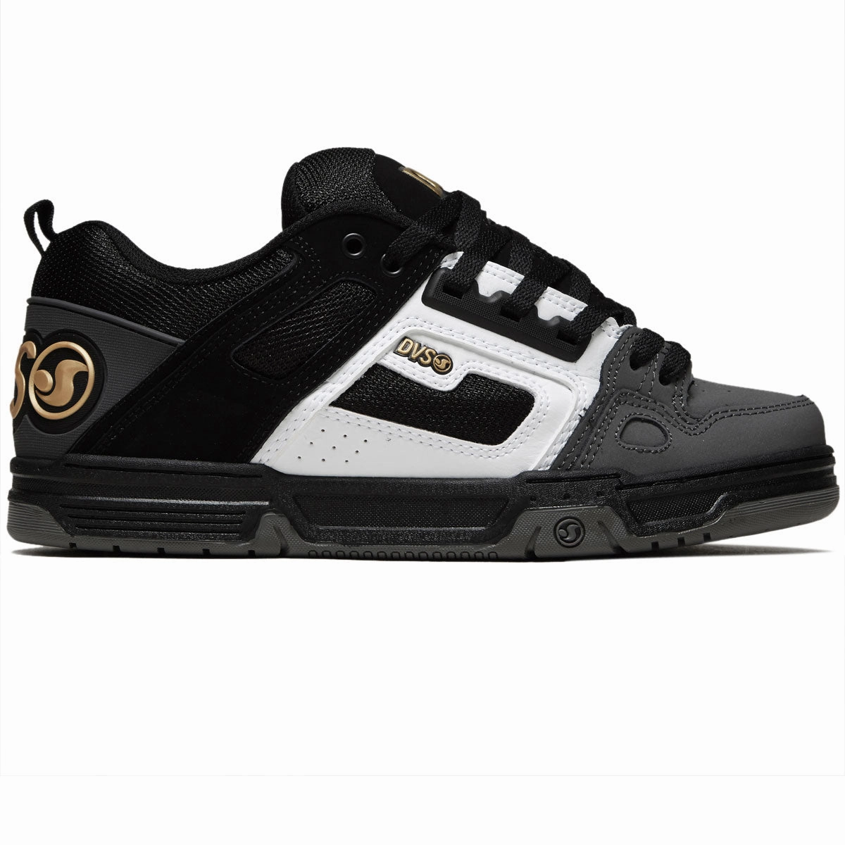 Sporty Frame Kickflip Ready DVS Comanche Shoes - Black/White/Charcoal Nubuck