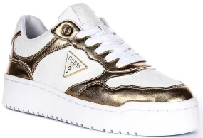 Guess Miram 6 Lace Sneaker In White Gold for Women Outsole bevel supports seamless heel-to-toe motion Running Stability