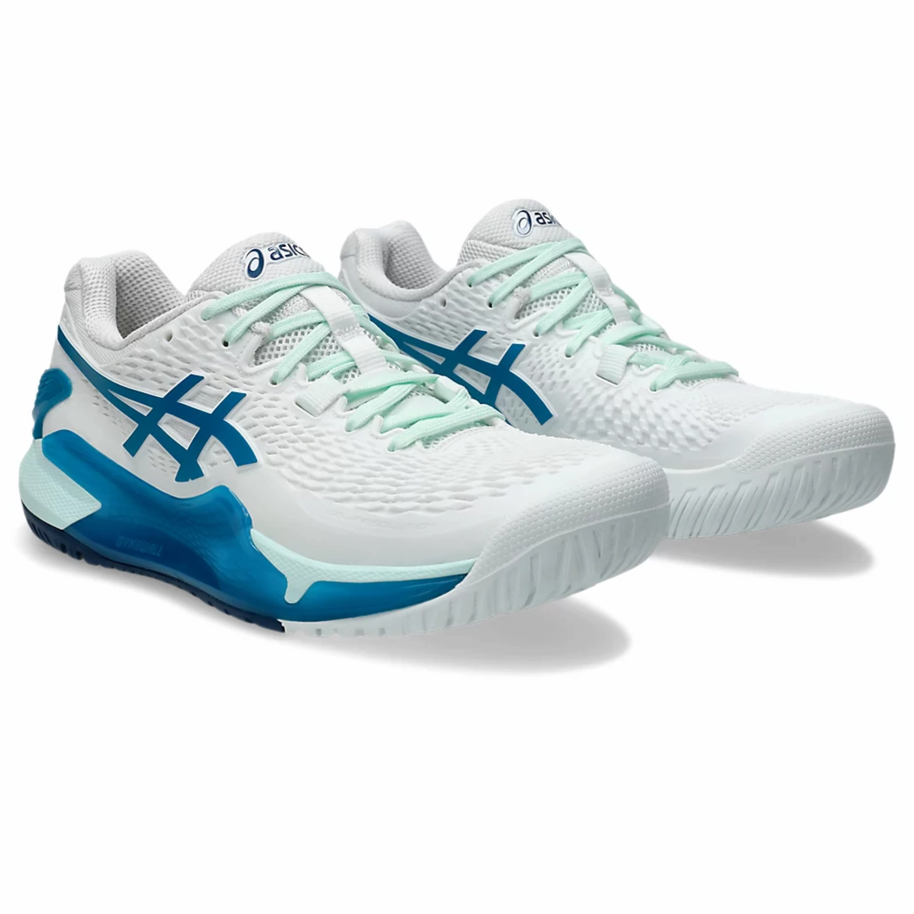 Sleek cushioning Asics Gel-Resolution 9 Women Tennis Shoes - White/Teal Blue