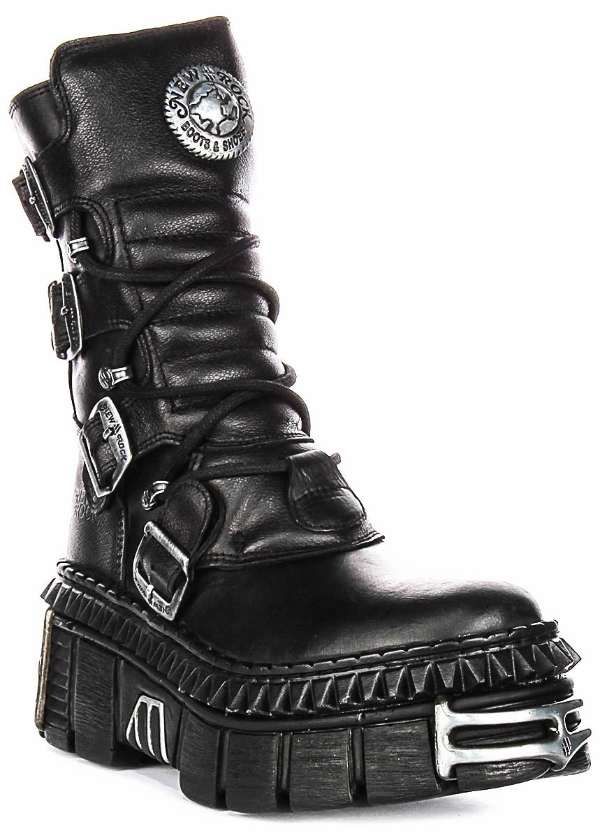 Newrock 373 Wall In Black Leather Boots Padded collar