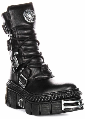 Newrock 373 Wall In Black Leather Boots Padded collar