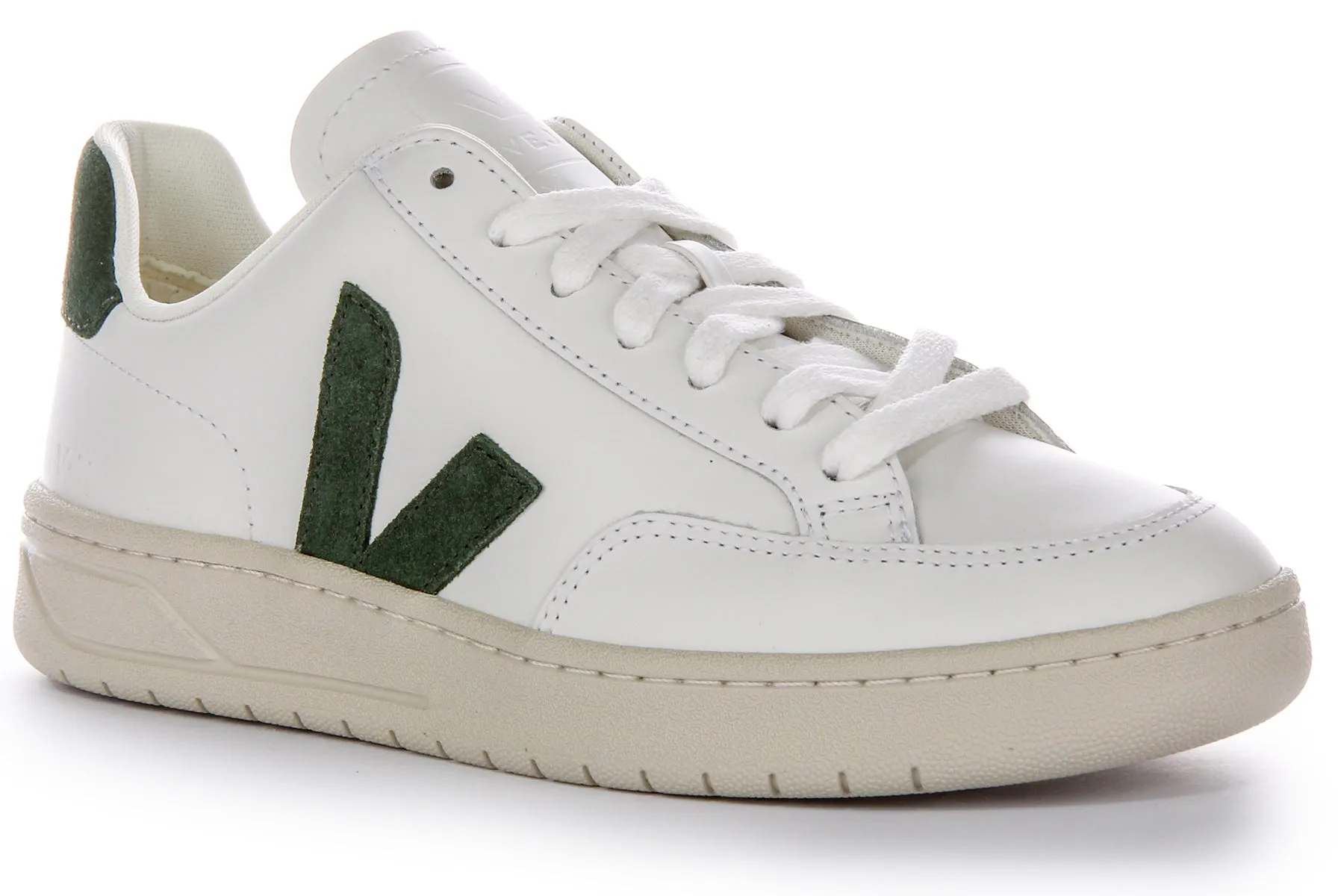High Density Sturdy Veja V 12 Leather In White Green For Women