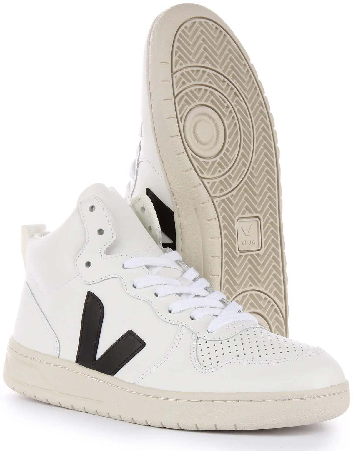 Veja V-15 Leather Trainers In White Black For Women Bounce Support