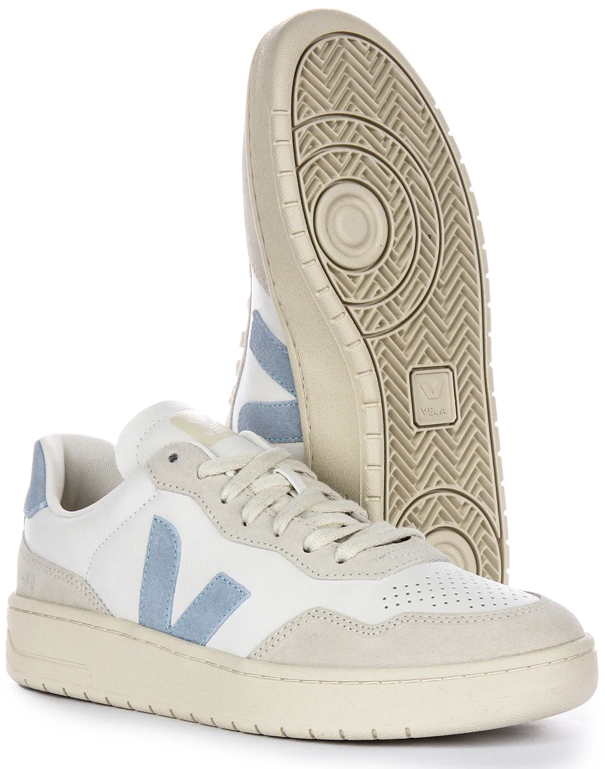 Veja V 90 Leather In White Blue For Women Foot Arch